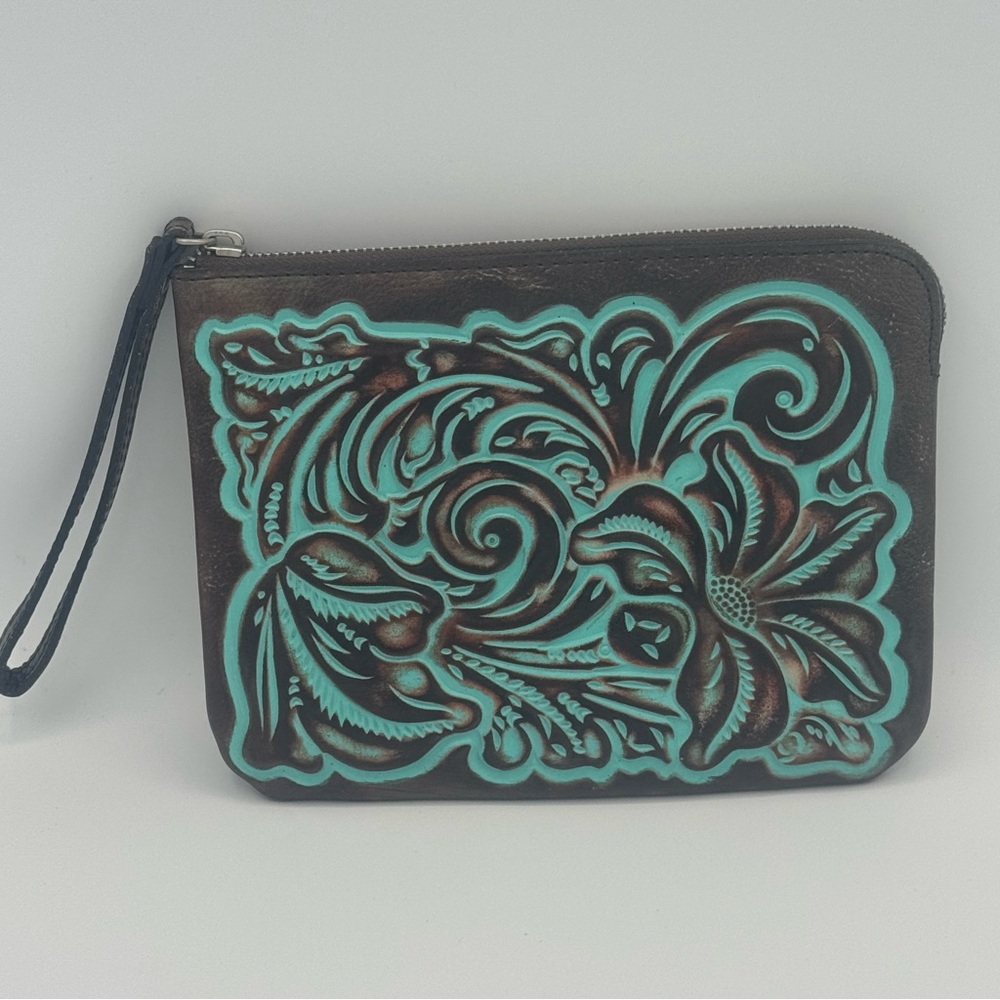 NWOT Patricia Nash Turquoise Floral Tooled Embossed Leather Cassini Wristlet